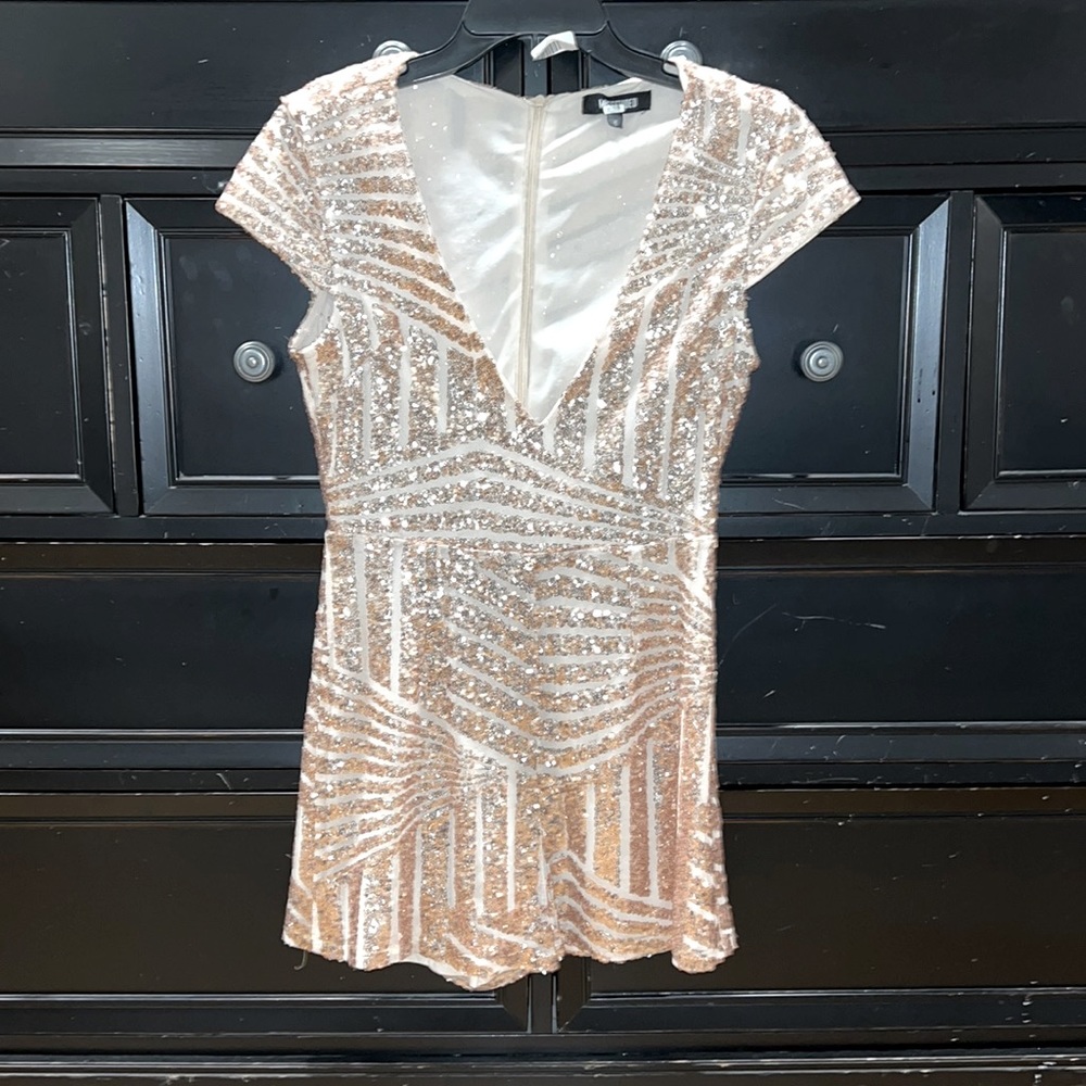 Plunging neckline rosegold sequin romper